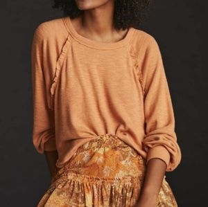 Anthropologie RUFFLED RAGLAN THERMAL TOP Long Sleeve in Khaki Apricot Size XL